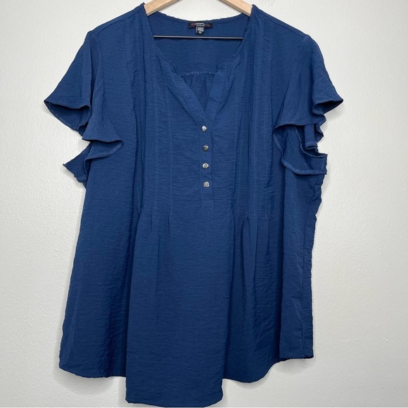 Cocomo Woman Top 3X Navy Blue Flutter Sleeve Henley Popover Blouse Stretch - Picture 1 of 7